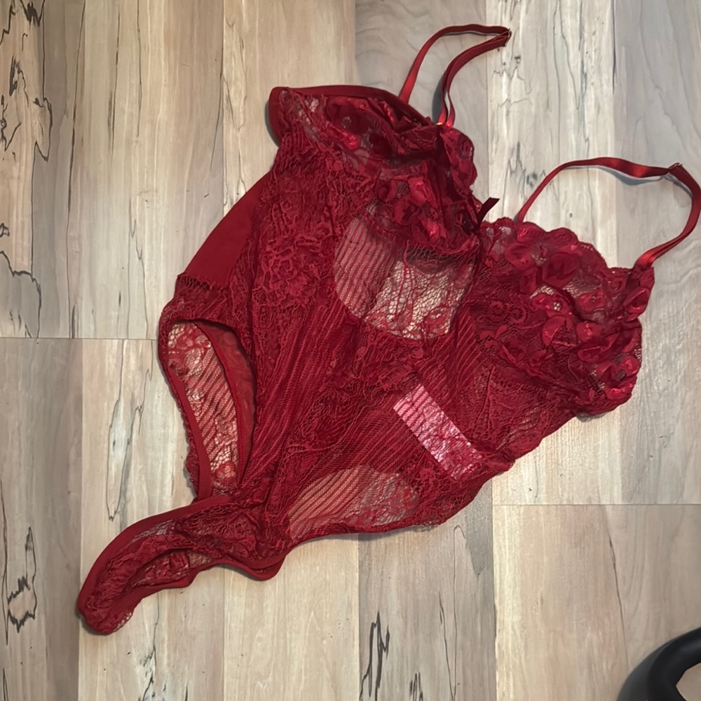 Elegant Woman’s Red Sexy Lace Thong Bodysuit